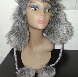 Faux Fur Trapper Hat With Tassled Pom Poms   Size OS